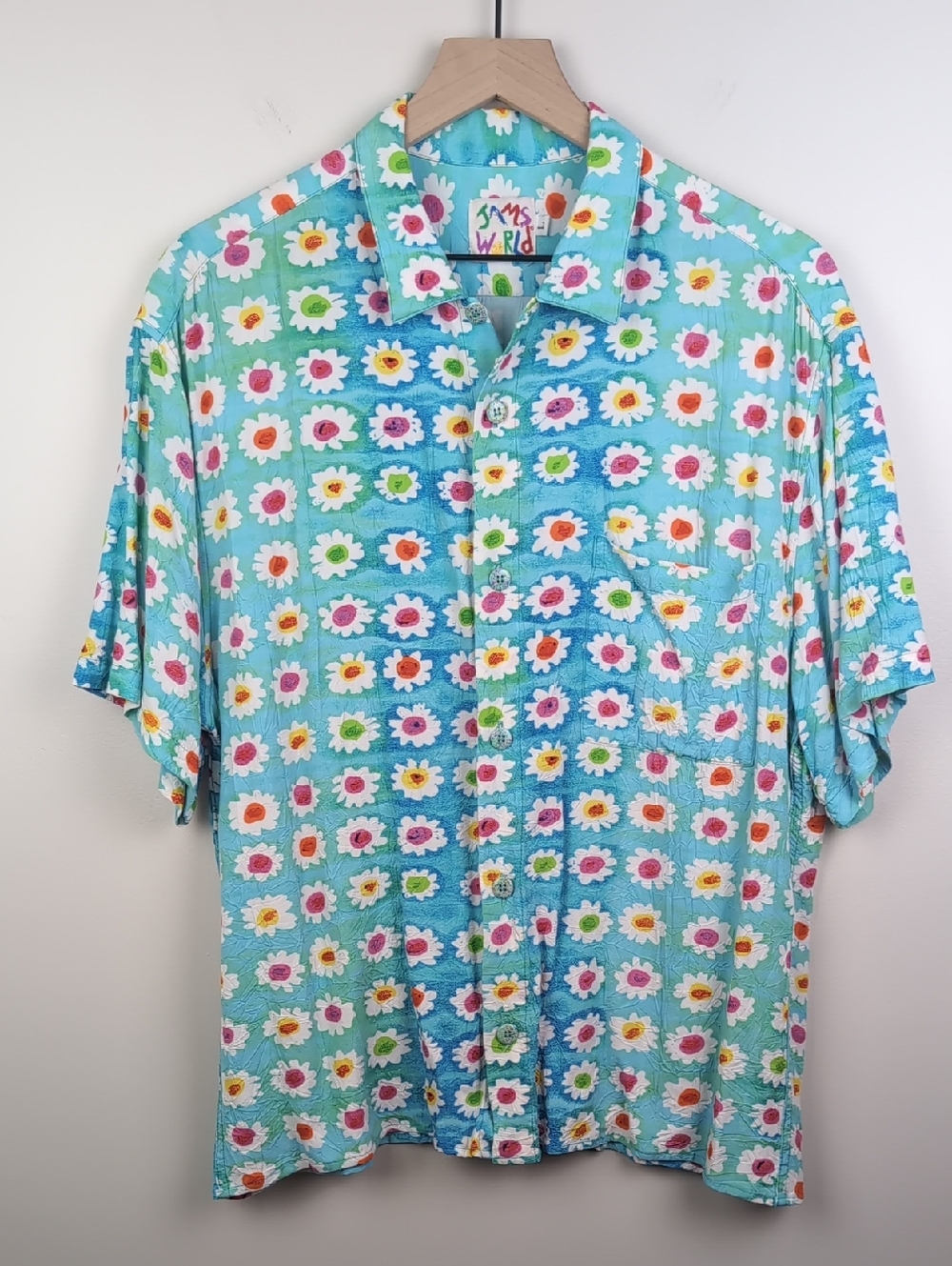 Vintage 90s Jams World Aqua Daisy Print Short-Sleeve Button-Up Hawaiian Shirt, L